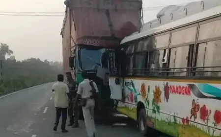 तेज रफ्तार कंटेनर ने बस को मारी टक्कर, 5 यात्री गंभीर रूप से घायल