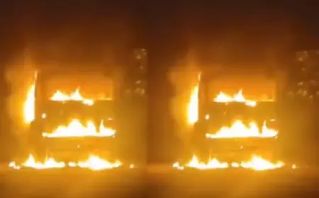 Potka Fire: गिट्टी लदा हाइवा जलकर खाक, रात में सावनाडीह मुख्य सड़क पर आग की विकराल लपटें, चालक ने बचाई जान