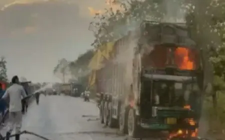 Hazaribagh Truck Fire: NH-19 पर चलती ट्रक में अचानक लगी आग, केबिन पूरी तरह जला, चालक ने कूदकर बचाई जान